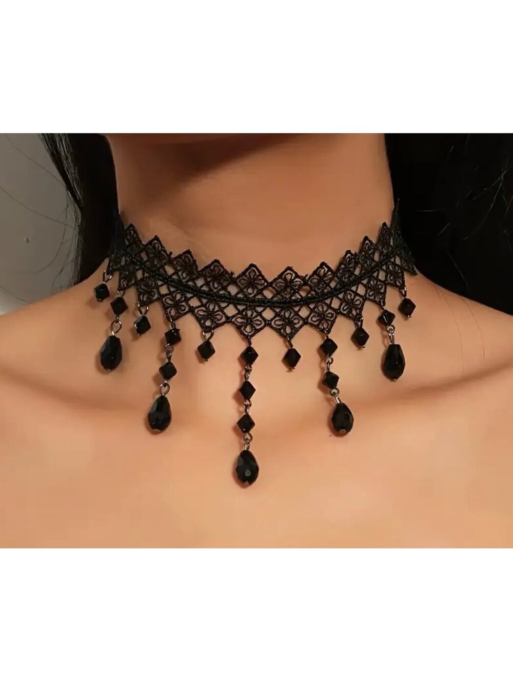 New - Gorgeous - Black Lace Choker Fashion Necklace with Tear Drop Pendants